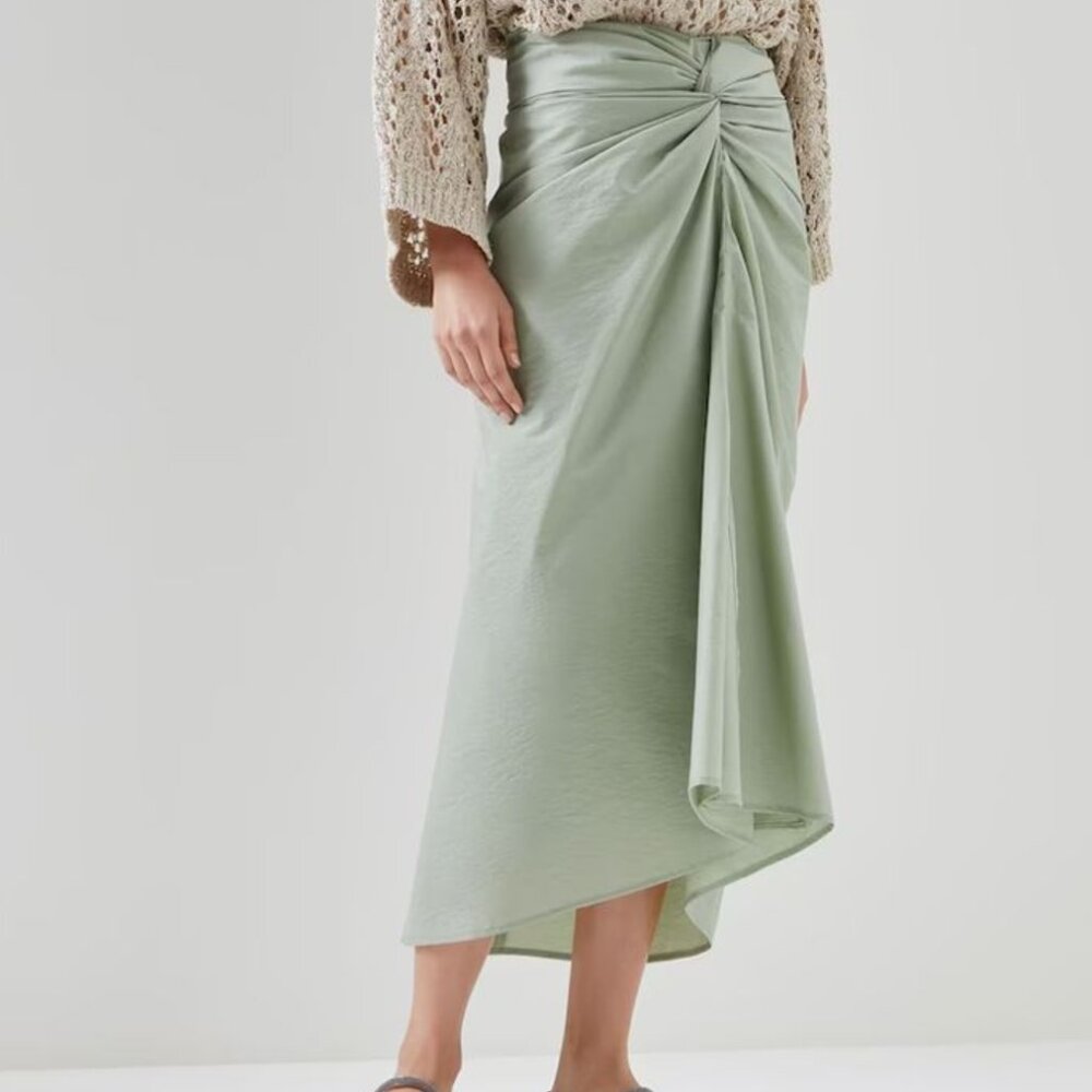 Brunello Cucinelli Skirt Cotton Front Knot Midi Drape Chic Size 6